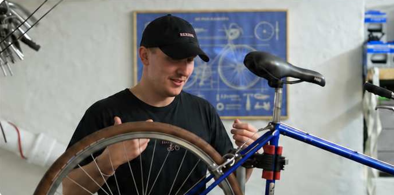 Working on a wheel in the Reride workshop in Valby